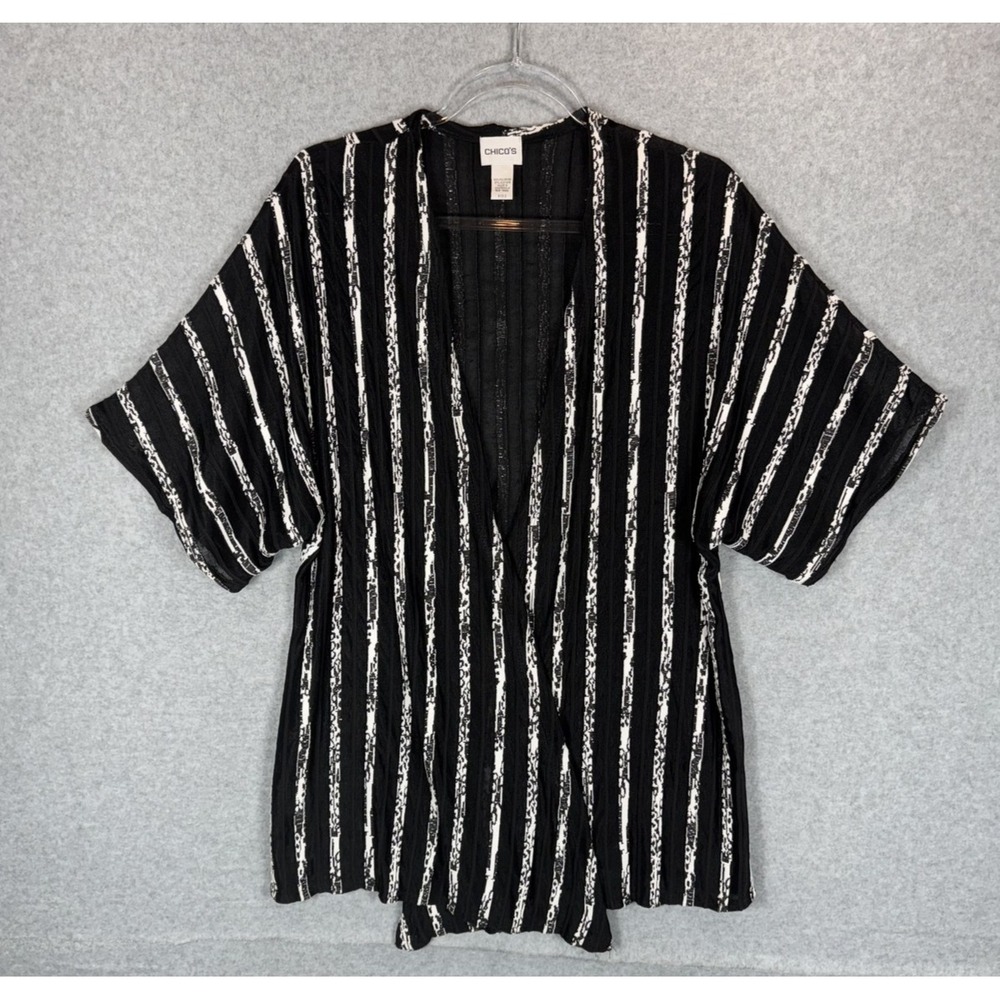 Chicos Jacket Womens 12(Chicos 2) Black White Open Front Kimono Cardigan